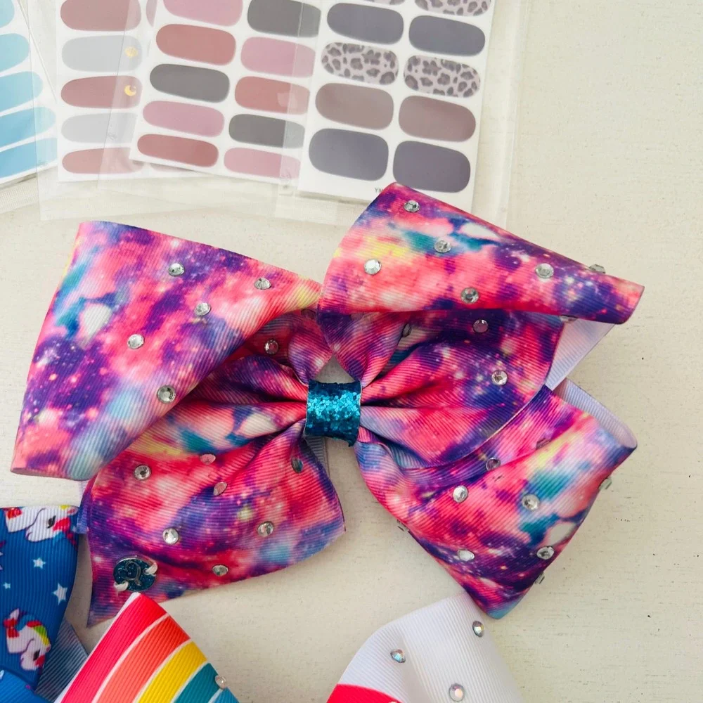 JoJo Siwa Hair Bow Bundle with Galaxy Rainbow Unicorn Designs & Nail Wraps